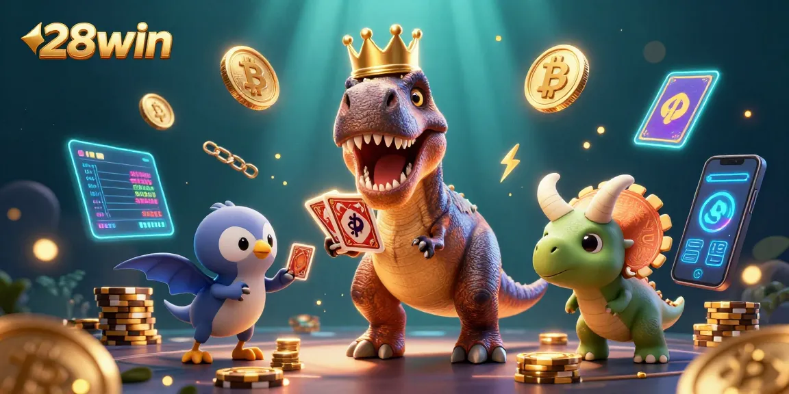 Engage with 28win's games as a T-Rex shuffles cards and a pterodactyl holds them amid vibrant gaming elements.