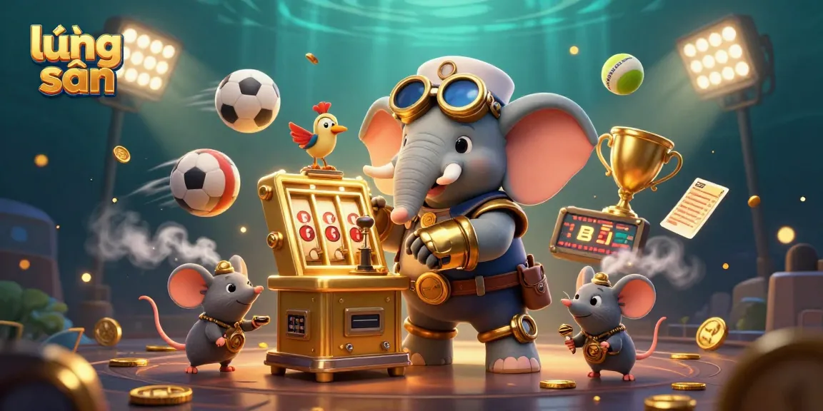 Lương sơn showcases a dynamic steampunk elephant engineer operating a golden slot machine amidst vibrant sports elements and glowing visuals.