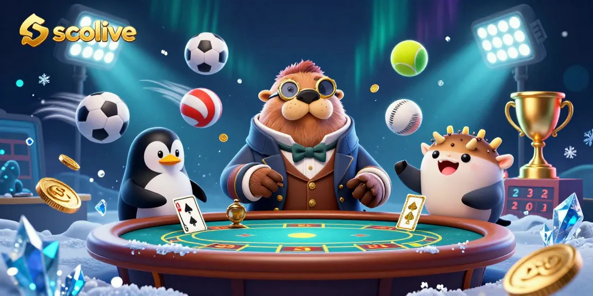 Socolive showcases a jolly walrus and friends playing underwater poker amidst dynamic sports elements.