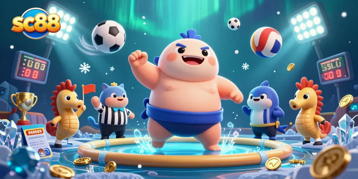 Engage with sc88 casino excitement featuring a cartoon fugu sumo wrestler in an action-packed underwater scene.
